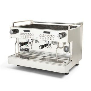Rocket Boxer Timer Evo 2 group commercial espresso machine front with dual portafilters and control panel