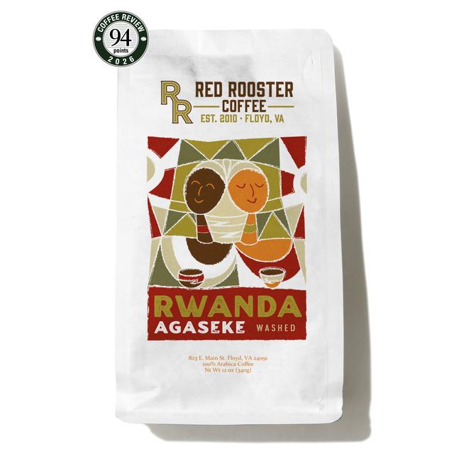 Rwanda Agaseke Washed coffee bag with a bright geometric illustration and a 94 points sticker