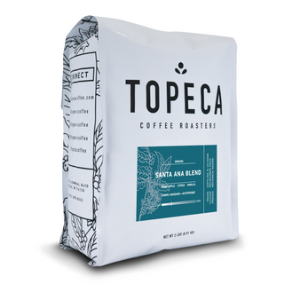 Topeca Santa Ana Blend coffee bag with large TOPECA logo and teal label