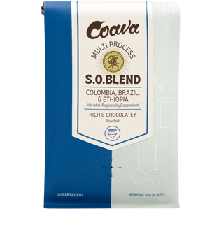 S.O. Blend coffee bag featuring Colombia Brazil and Ethiopia origins and rich chocolatey notes