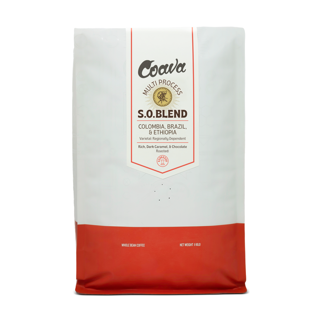 Coava S.O. BLEND coffee bag label with white background and red border