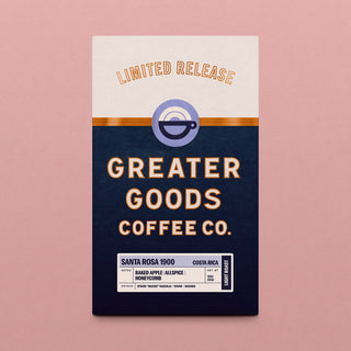 Santa Rosa 1900 coffee bag by Greater Goods Coffee Co with a limited release banner on cream and navy panels