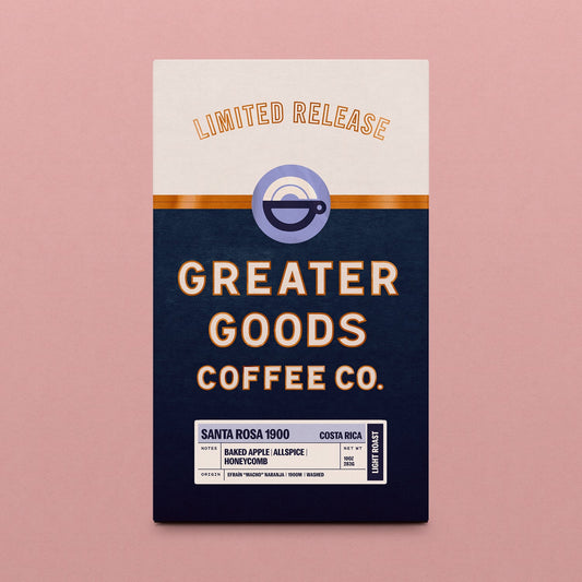 Santa Rosa 1900 coffee bag by Greater Goods Coffee Co with a limited release banner on cream and navy panels