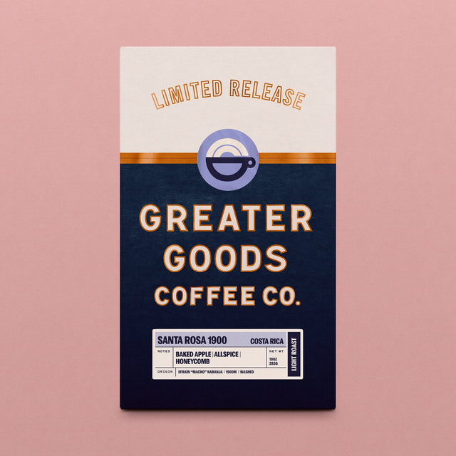 Santa Rosa 1900 coffee bag by Greater Goods Coffee Co with a limited release banner on cream and navy panels