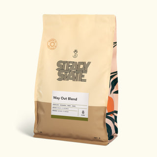 Beige Way Out Blend coffee bag with white label and bold Way Out Blend branding
