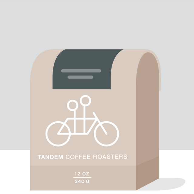 Abstract tan and teal Tandem Coffee Roasters bag illustration with a bicycle motif and 12 oz 340 g label