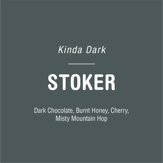 Kinda Dark Stoker coffee bag on dark teal background with large STOKER label and tasting notes Dark Chocolate Burnt Honey Cherry Misty Mountain Hop