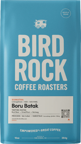 Blue Bird Rock Coffee Roasters bag for Boru Batak Sumatra coffee with a white tasting notes label