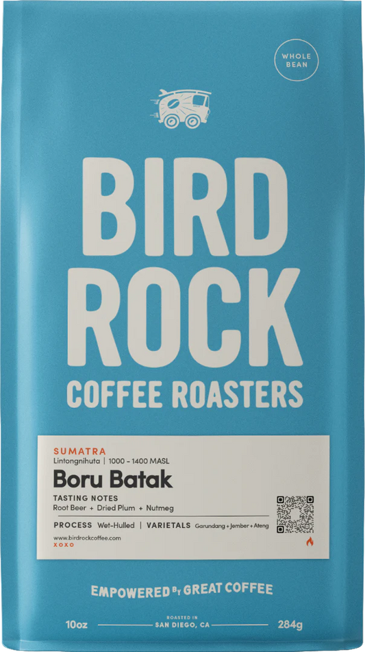 Blue Bird Rock Coffee Roasters bag for Boru Batak Sumatra coffee with a white tasting notes label