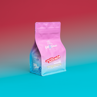 Pantan Musara Sumatra coffee bag against a red background, pink front view.