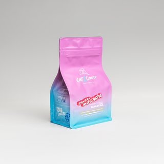 Pantan Musara Sumatra coffee bag with pink to blue gradient, front view.