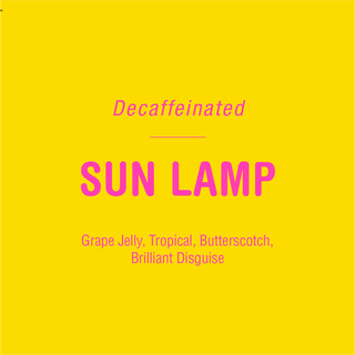 Bright yellow promotional graphic for Sun Lamp Decaf with bold pink SUN LAMP text