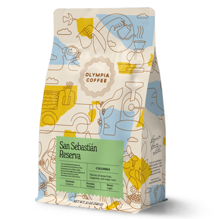 Colombia San Sebastián Reserva bag with green label listing flavors stone fruit, tangerine and sugar cane.