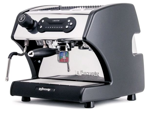 Lucca A53 Direct Plumb espresso machine with chrome front panel and black housing