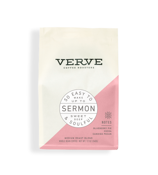 Sermon Espresso coffee bag with cream body and pink diagonal panel Verve branding.