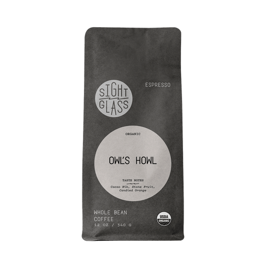 Owl's Howl organic espresso bag with round Sightglass logo on dark packaging