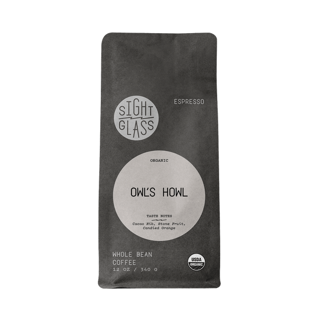 Owl's Howl organic espresso bag with round Sightglass logo on dark packaging