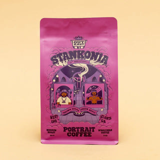 Stankonia coffee bag in bright pink purple with OutKast inspired artwork and Portrait branding