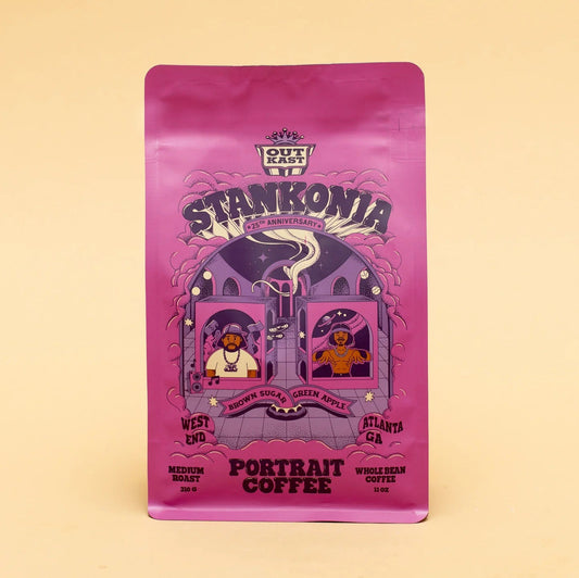 Stankonia coffee bag in bright pink purple with OutKast inspired artwork and Portrait branding