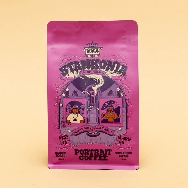 Stankonia coffee bag in bright pink purple with OutKast inspired artwork and Portrait branding