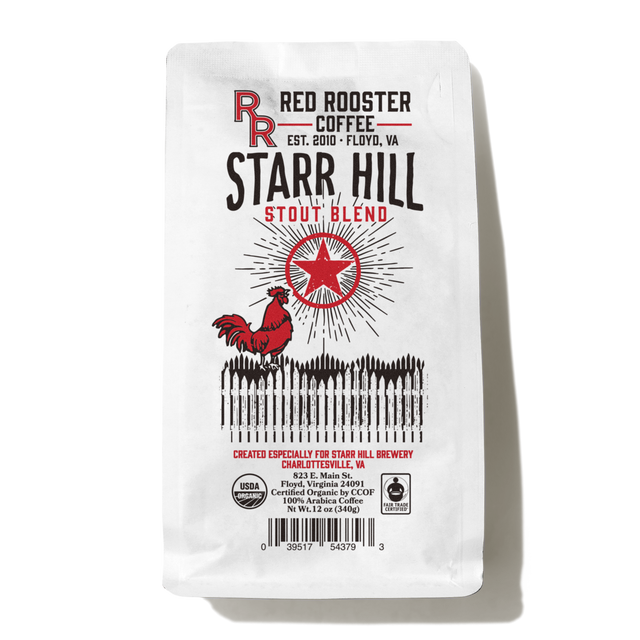 White bag with Starr Hill Stout Blend branding and red rooster illustration along with starburst graphics