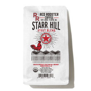 Organic Starr Hill Stout Blend coffee bag with Red Rooster branding and a red star illustration
