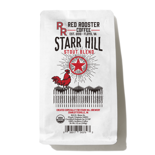 Organic Starr Hill Stout Blend coffee bag with Red Rooster branding and a red star illustration