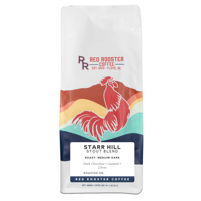 White coffee bag featuring Red Rooster Coffee branding with a colorful rooster illustration and Starr Hill Stout Blend label