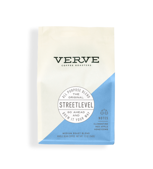Verve Streetlevel coffee bag with cream body blue diagonal panel and a round Streetlevel label