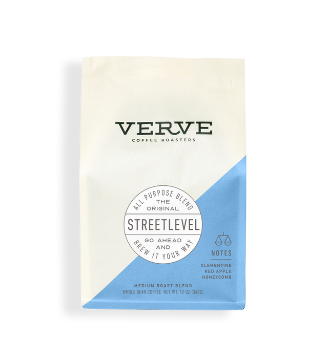 Verve Streetlevel coffee bag with cream body blue diagonal panel and a round Streetlevel label