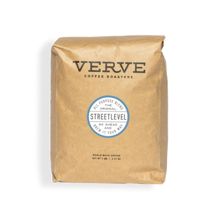 Streetlevel coffee bag in brown paper packaging with Verve branding and round Streetlevel label