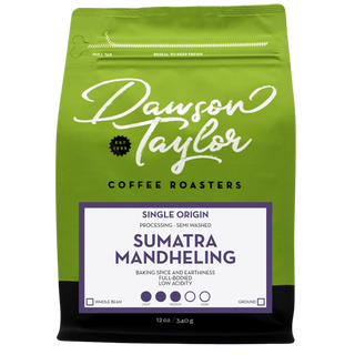 Sumatra Mandheling green coffee bag with purple framed single origin label overlay.