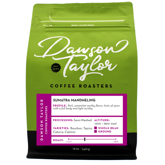 Sumatra Mandheling bag with purple information panel detailing profile processing and roast
