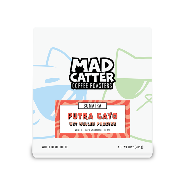 Putra Gayo Sumatra coffee bag featuring wet hulled process vanilla dark chocolate cedar