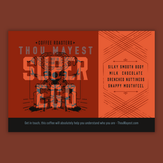 Thou Mayest Super Ego coffee packaging with red artwork on the left and an orange panel on the right