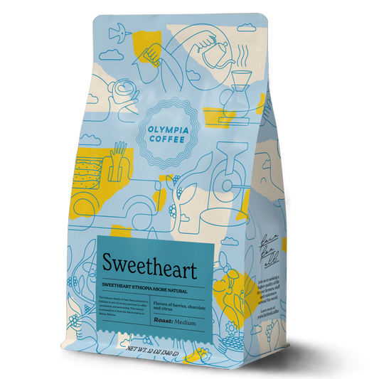 Sweetheart coffee bag with bold blue and yellow abstract artwork and a large Sweetheart label on the front