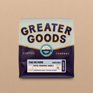 Take Me Home Costa Rica honey processed coffee bag featuring Greater Goods logo and flavor notes.