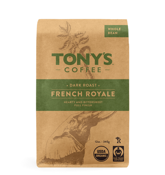 Tony's Coffee French Royale Dark Roast bag with green label and organic and fair trade certifications.