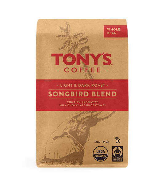 Tony's Coffee Songbird Blend whole bean bag with red center label and roast notes