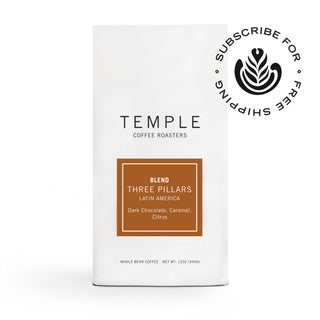 White coffee bag labeled Temple Coffee Roasters Three Pillars blend with a brown boxed label on front