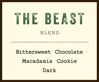 The Beast blend label on a cream background with large green THE BEAST text and BLEND.