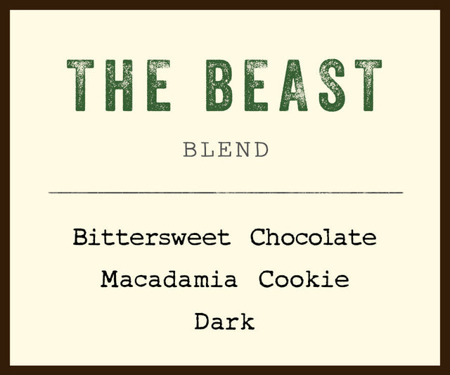 The Beast blend label on a cream background with large green THE BEAST text and BLEND.
