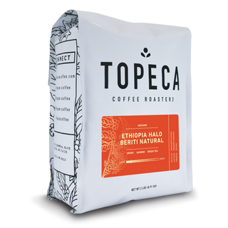 Topeca Ethiopia Halo Beriti Natural coffee bag with bold TOPECA lettering and orange label
