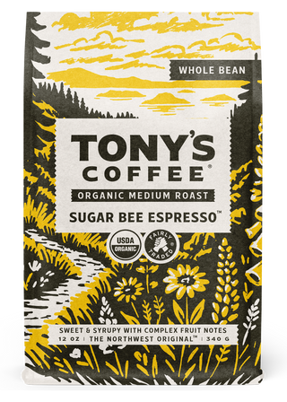 Tony's Coffee Sugar Bee Espresso bag with bright floral artwork and fruity flavor notes