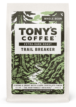 Tony's Coffee Trail Breaker Extra Dark Roast Whole Bean packaging with large label and forest imagery