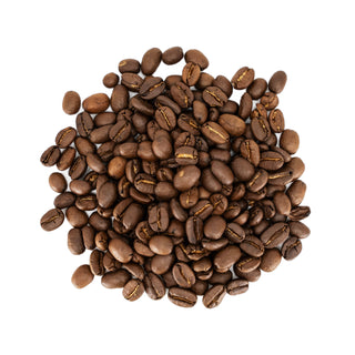 Pile of roasted coffee beans on a white background showcasing Italian Roast Blend