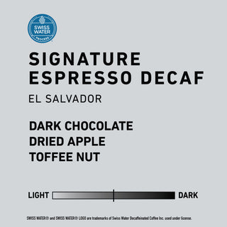 Gray background close up of Signature Espresso Decaf packaging showing Swiss Water logo and flavor text