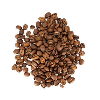 Pile of roasted coffee beans on a white background