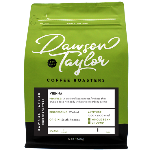 Vienna coffee bag in green packaging with a label listing profile processing origin altitude and roast level
