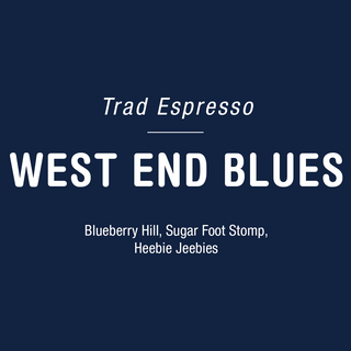 Trad Espresso label above the West End Blues title with tasting notes on a dark blue background